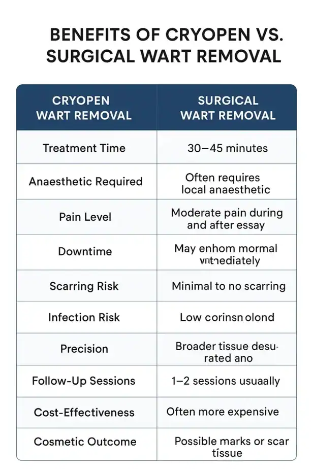 Table showing the benefits of cryopen to remove warts Ilkeston compared to surgical treatment